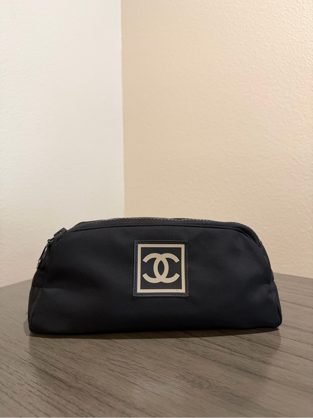 CHANEL Black and Cream CC Logo Toiletry Pouch